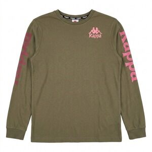 Kappa Mens Long Sleeve T-Shirt Olive Green Pink Logo Graphic Small Streetwear